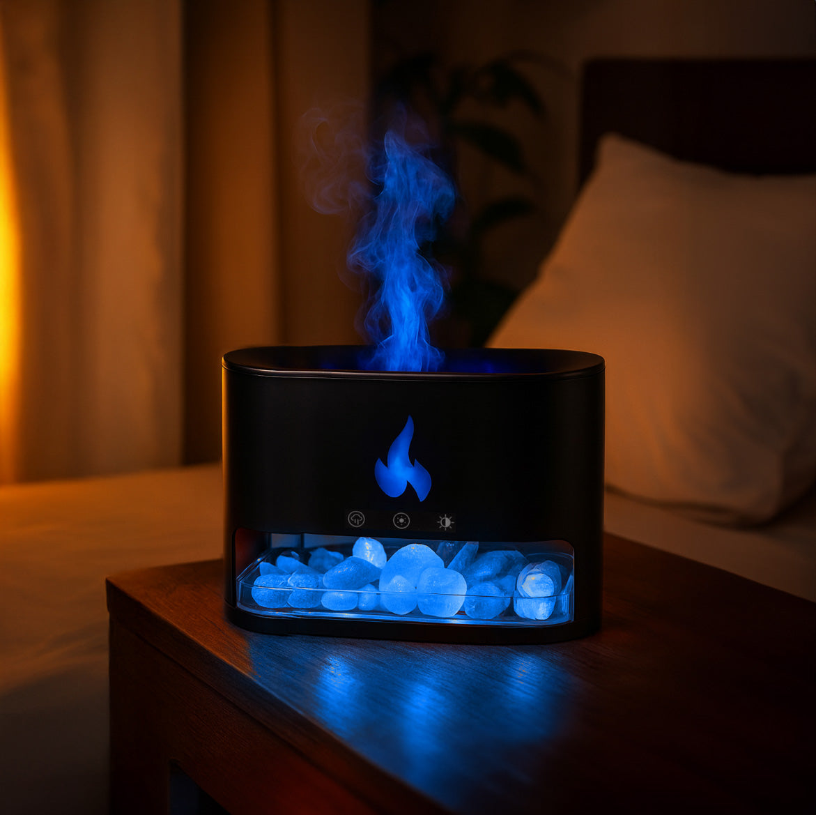 Difuzor aromaterapie efect semineu, Zola, 250 ml, 15-20 ml/h, 10 W, lumini LED, temporizator, USB, 13 x 8.5 x 19 cm, negru