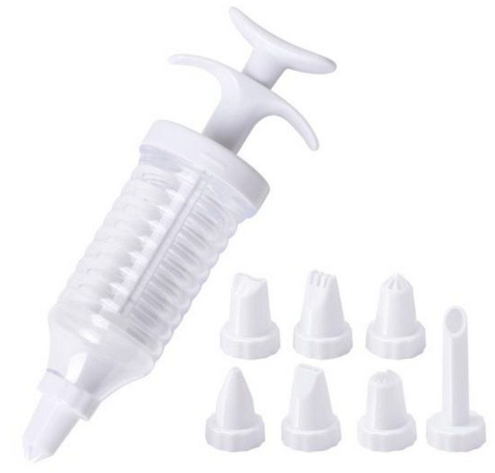 Seringa pentru decorarea prajiturilor, Zola®, cu 8 varfuri, modele diferite, forma ergonomica, usor de utilizat, din plastic, transparenta/alba, 15,5x6 cm