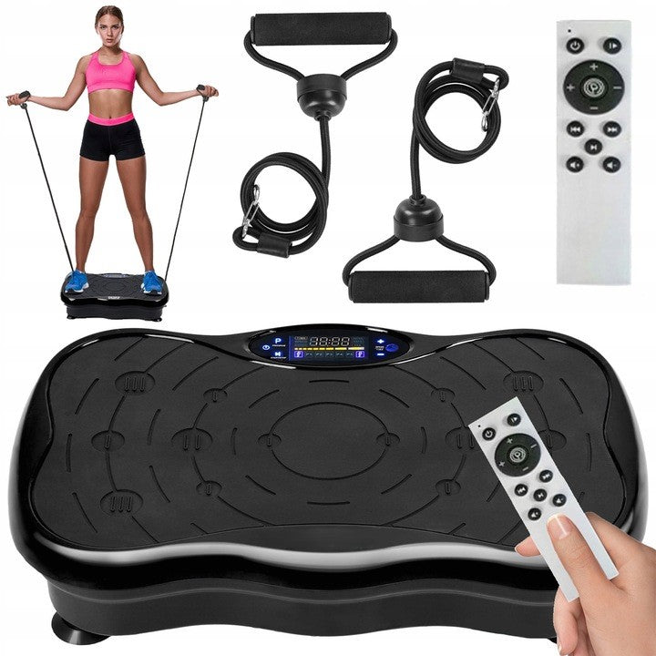 Aparat fitness cu vibromasaj, Zola, 2 benzi elastice cu manere atasabile, 5 programe diferite, 180 niveluri de viteza, afisaj LED, 50Hz, 200W, amplitudinea vibratiei 0.8 mm, functie Bluetooth si difuzoare incorporate, telecomanda, 53 x 31 x 13 cm, negru