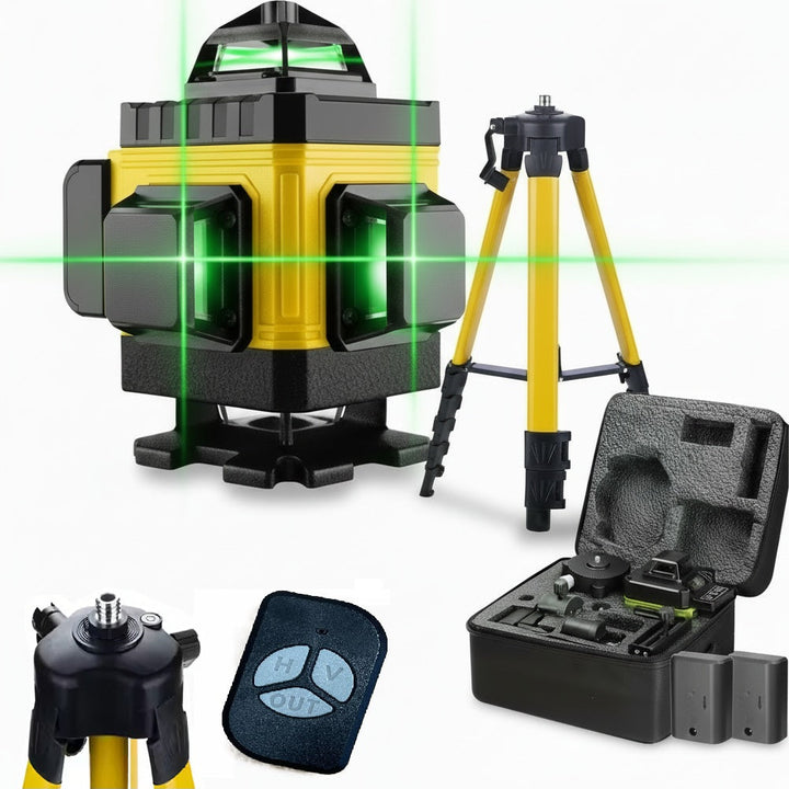 Nivela laser cu trepied si suporturi, Zola, 360° × 4, 532 nm, raza actiune 45 m, reglare inaltime 46-118 cm, IP54, 2 acumulatori, 11 × 11 × 14 cm, negru/galben