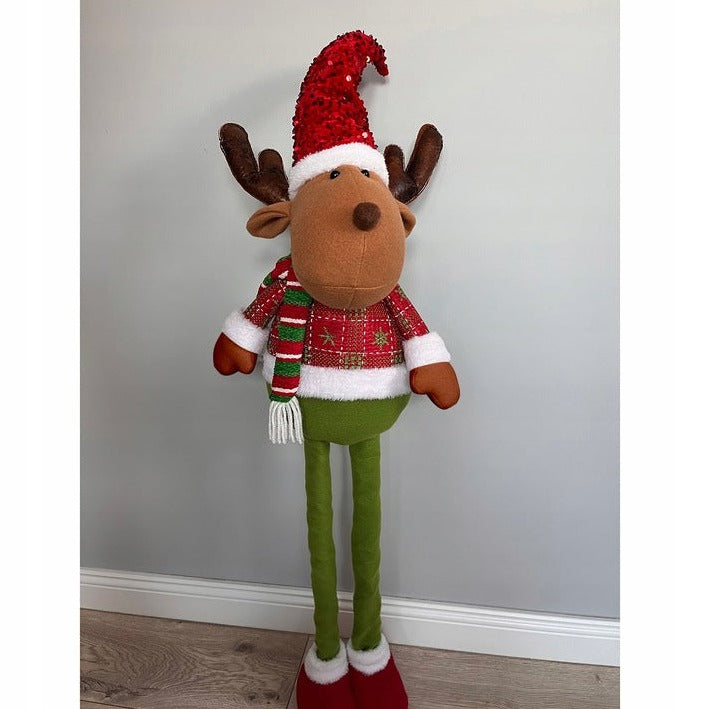 Figurina decorativa pentru Craciun, Zola, Renul Rudolf cu picioare extensibile, materail textil rosu-verde,  30 x 12 x 62-95 cm