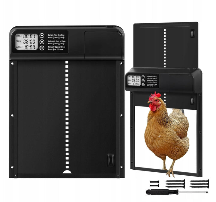 Usa automata pentru cotet gaini, Zola, afisaj LED, IP45, senzor anti-blocare, aliaj de aluminiu, alimentare baterii, 33 x 26 cm, neagra