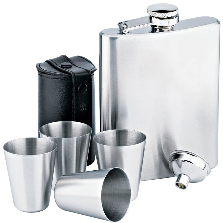 Set sticla metalica de buzunar, palnie si 4 pahare in husa, Zola®, pentru tarie, argintie, 210 ml