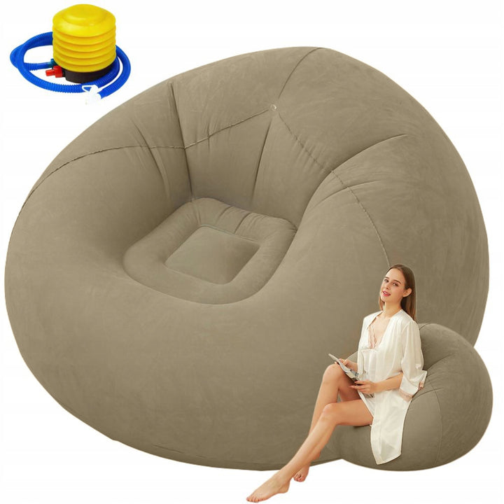 Fotoliu gonflabil tip puf, Zola, din PVC si velur, pompa inclusa, 100 x 100 x 65 cm, maro