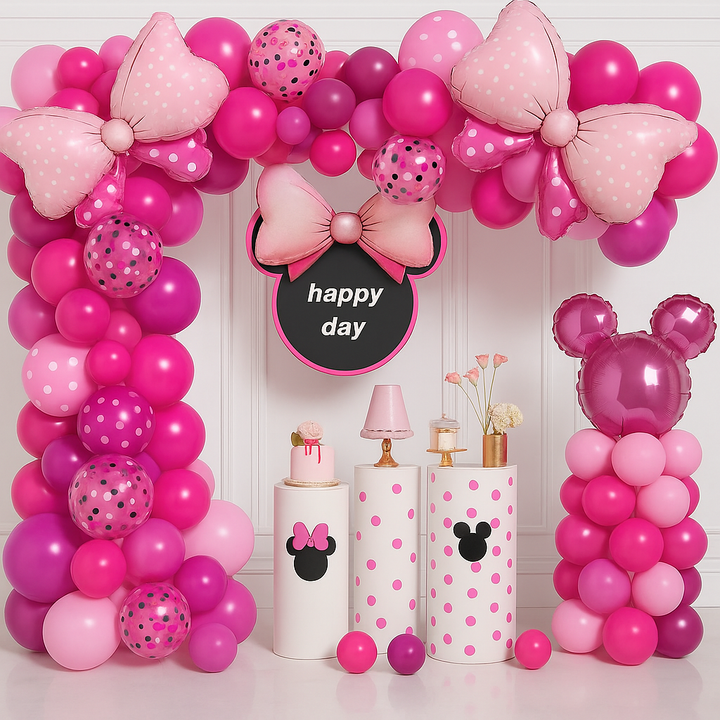Set 111 baloane pentru arcada, Zola, Minnie Mouse, diferite marimi, 100 buline dublu adezive, 5 m panglica, roz