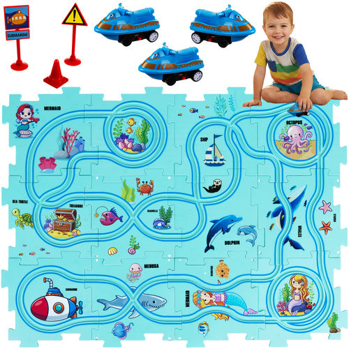 Covoras puzzle educativ pentru copii, Zola, 12 piese, 3 vaporase, indicatoare, stickere, 56 x 42 cm, model acvatic, impermeabil, albastru