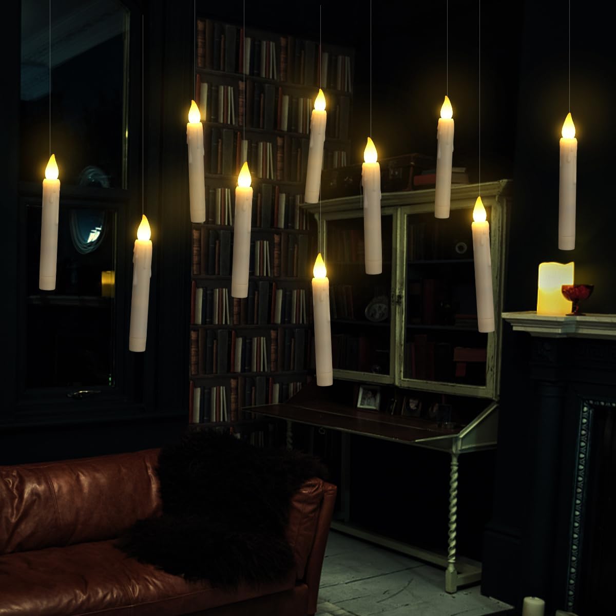 Set 12 lumanari LED magice si telecomanda bagheta, Zola, lumina alb cald, suspendate, accesorii montare, 16.5 cm, alb