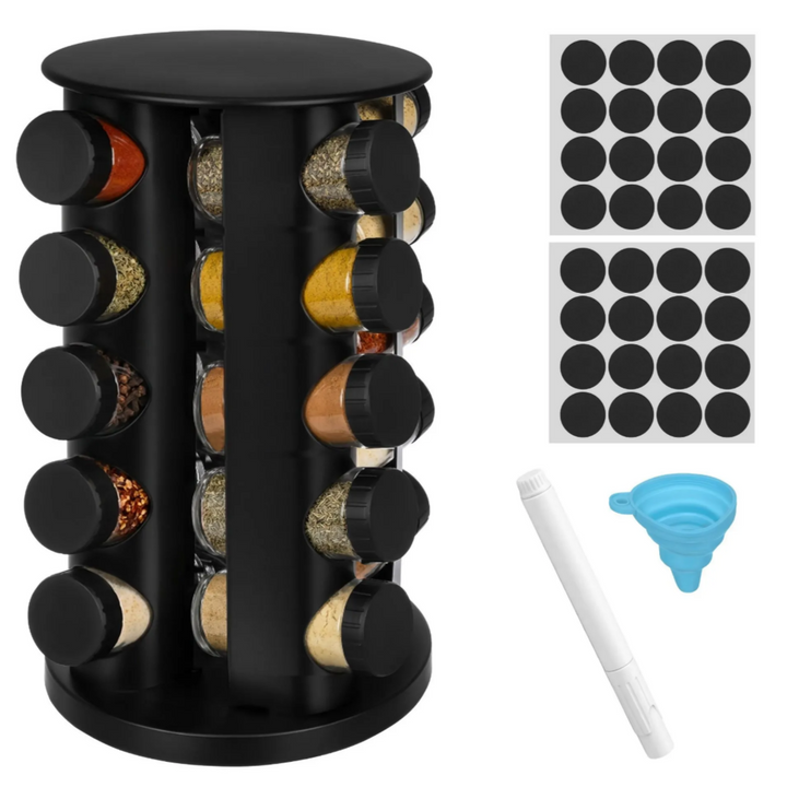 Suport rotativ condimente, Zola, 20 recipiente sticla 90 ml, organizator 360°, suport inox, capace etanse, cu palnie, marker si etichete, negru