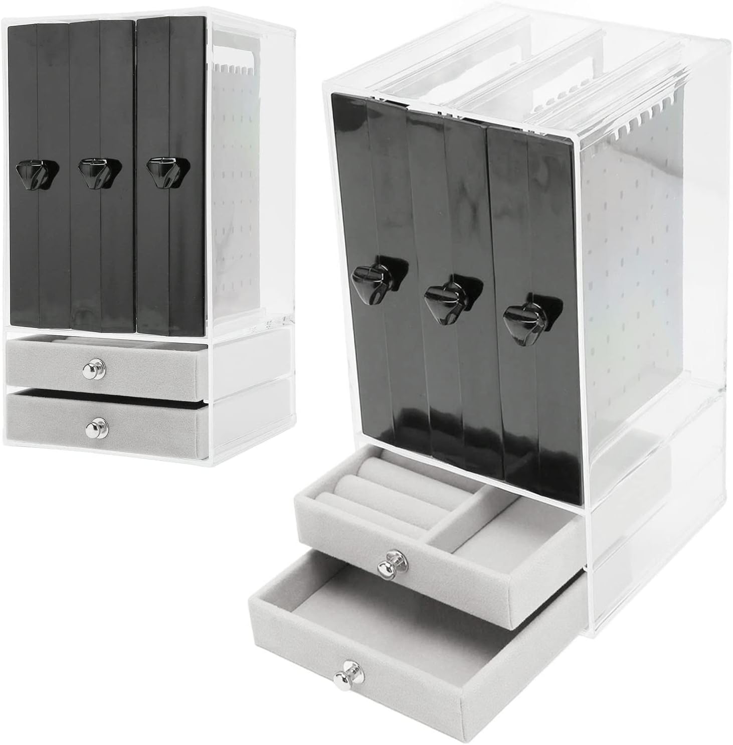 Organizator de bijuterii, Zola®, trei sertare extraabile, plastic, 13x13x24.5 cm, negru/gri