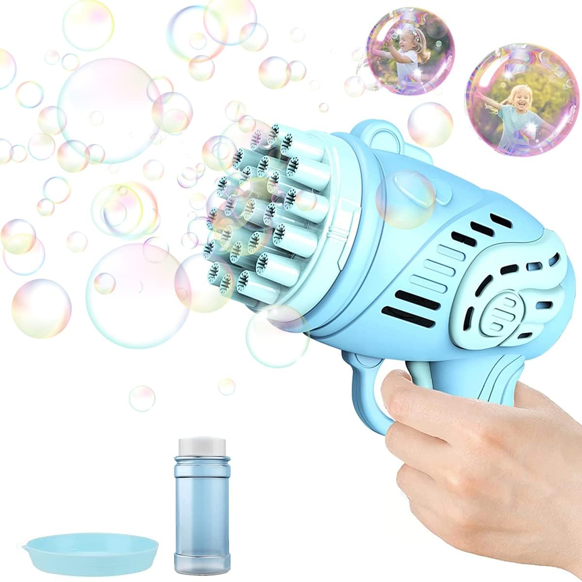 Pistol de facut baloane din sapun, Zola, solutie inclusa, alimentare baterii, plastic, 15 x 15 cm, albastru