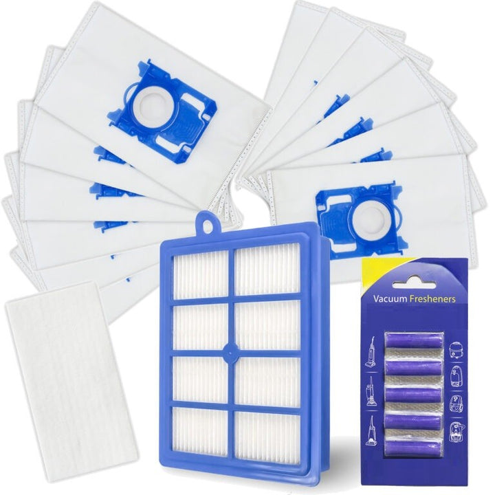 Set 12 saci pentru aspirator, filtru HEPA, filtru de admisie, 5 betisoare parfumate, Zola, compatibili Electrolux / Philips / AEG, microfibra