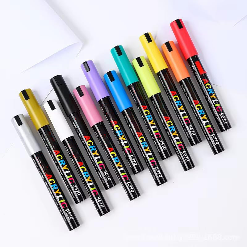 Set 12 de markere cu vopsea acrilica, Zola, varf 4 mm, rezistente la apa, pentru pictura pe hartie, panza, piatra, sticla, lemn, textile si ceramica, uscare rapida, multicolore