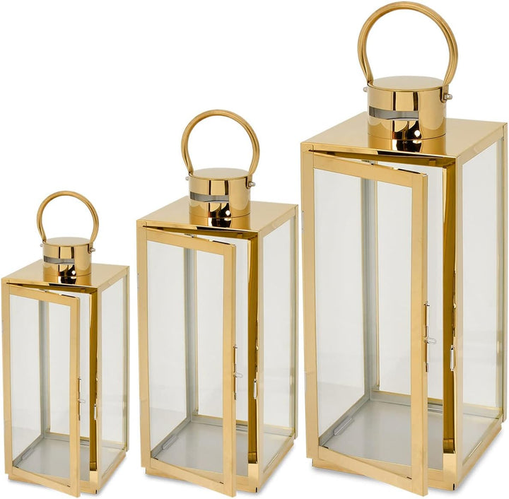 Set 3 felinare decorative din sticla, Zola,  dimensiuni diferite 63 / 49 / 38 cm, otel inoxidabil, aurii
