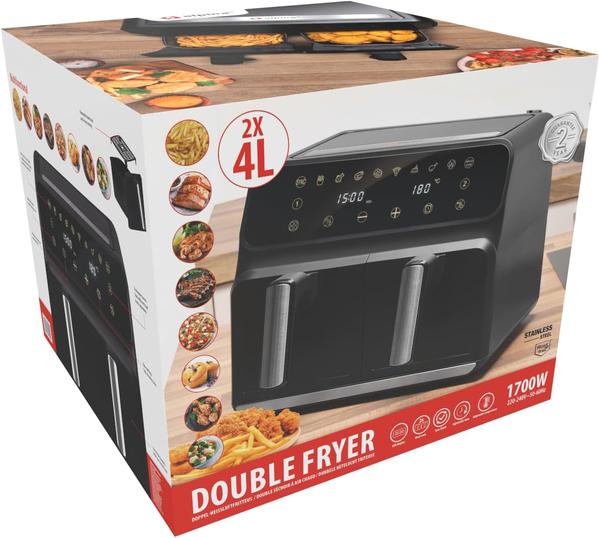 Friteuza dubla cu aer cald XL, Zola®, Air Fryer, capacitate 8 l (2 x 4 l ), 1700W, temperatura 40–200°C, afisaj LCD, control touch, 37.8x36.4x31.9 cm, neagra