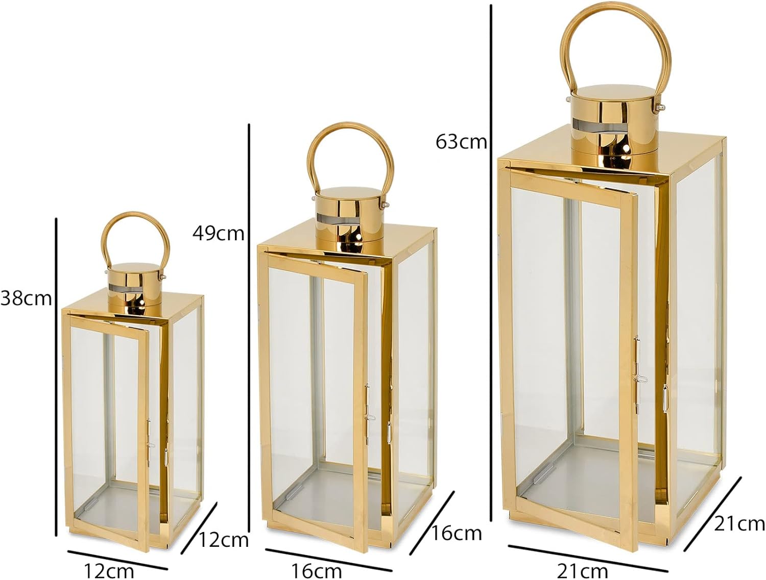 Set 3 felinare decorative din sticla, Zola,  dimensiuni diferite 63 / 49 / 38 cm, otel inoxidabil, aurii