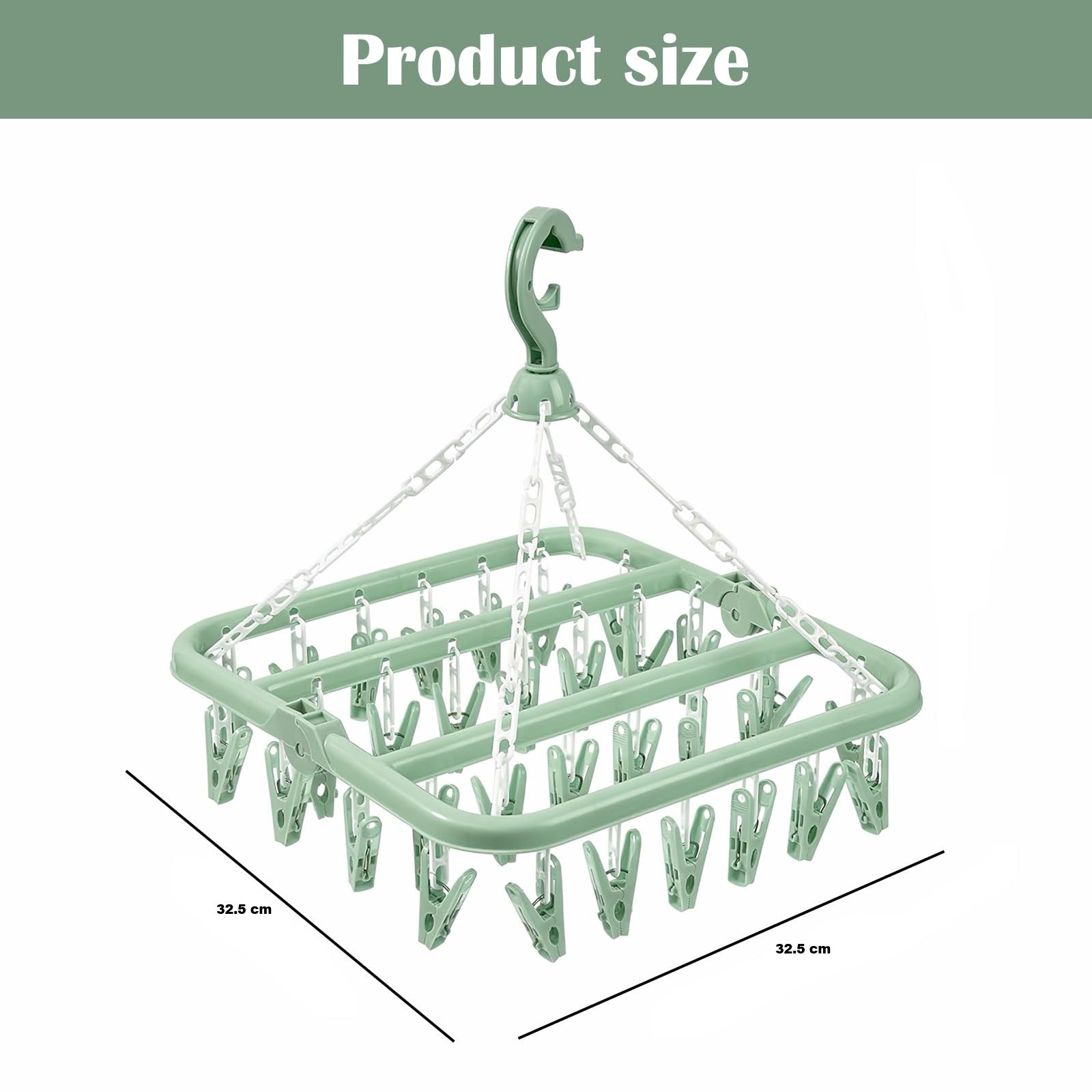 Uscator pentru lenjerie si sosete, Zola®, cu 32 clesti, plastic, 32.5x32.5 cm, verde