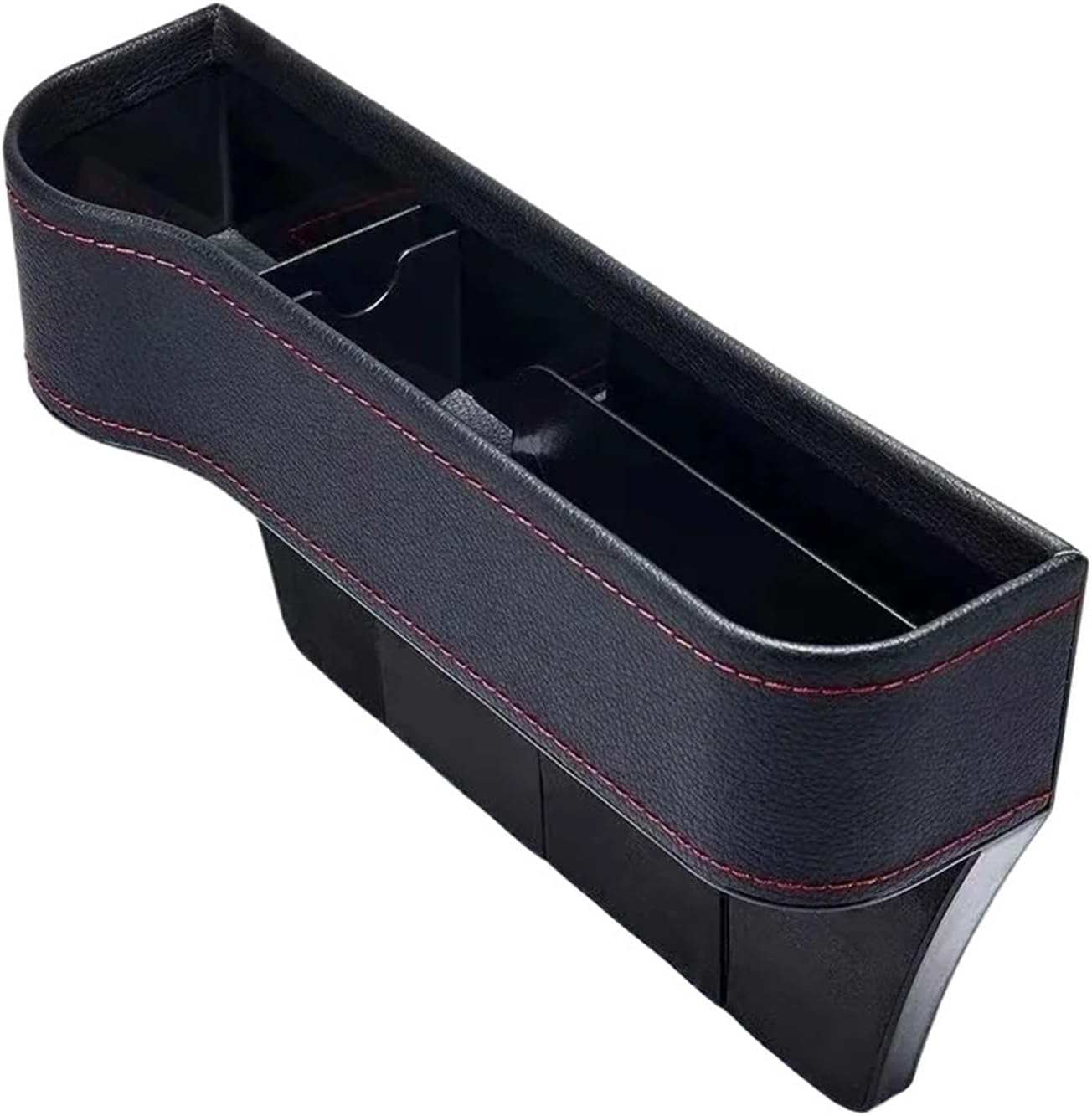 Organizator pentru masina, Zola®, cu suport de pahare, finisat cu piele ecologica, montare intre scaun si panoul central, 27x14x7 cm, negru