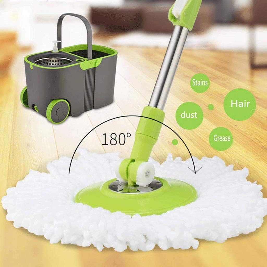 Set mop rotativ si galeata, Zola, 360°, maner reglabil, doua sisteme rotire, centrifuga inox, roti, recipient detegent, capac evacuare apa, 2 rezerve microfibra, gri/verde