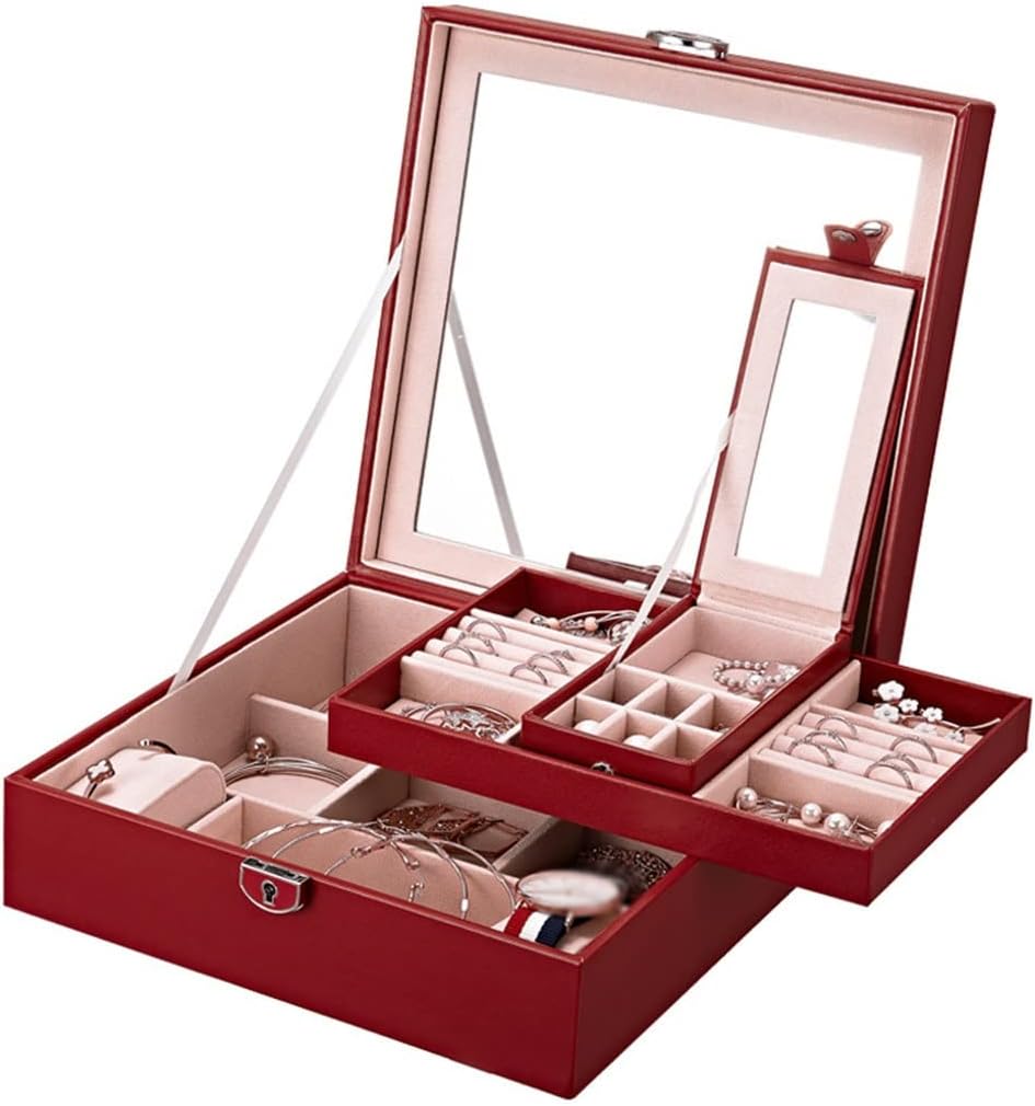 Cutie de bijuterii, Zola®, cu 2 locuri pentru ceasuri, oglinda, Rosu, 25.5x 25.5x30cm