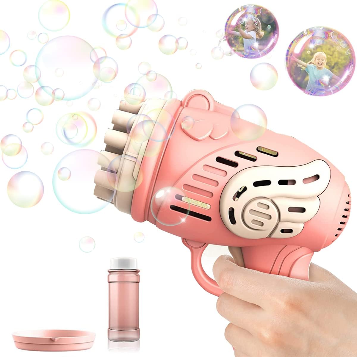 Pistol de facut baloane din sapun, Zola, solutie inclusa, alimentare baterii, plastic, 15 x 15 cm, roz
