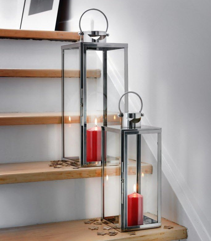 Set 3 felinare decorative din sticla, Zola,  dimensiuni diferite 63 / 49 / 38 cm, otel inoxidabil, argintii
