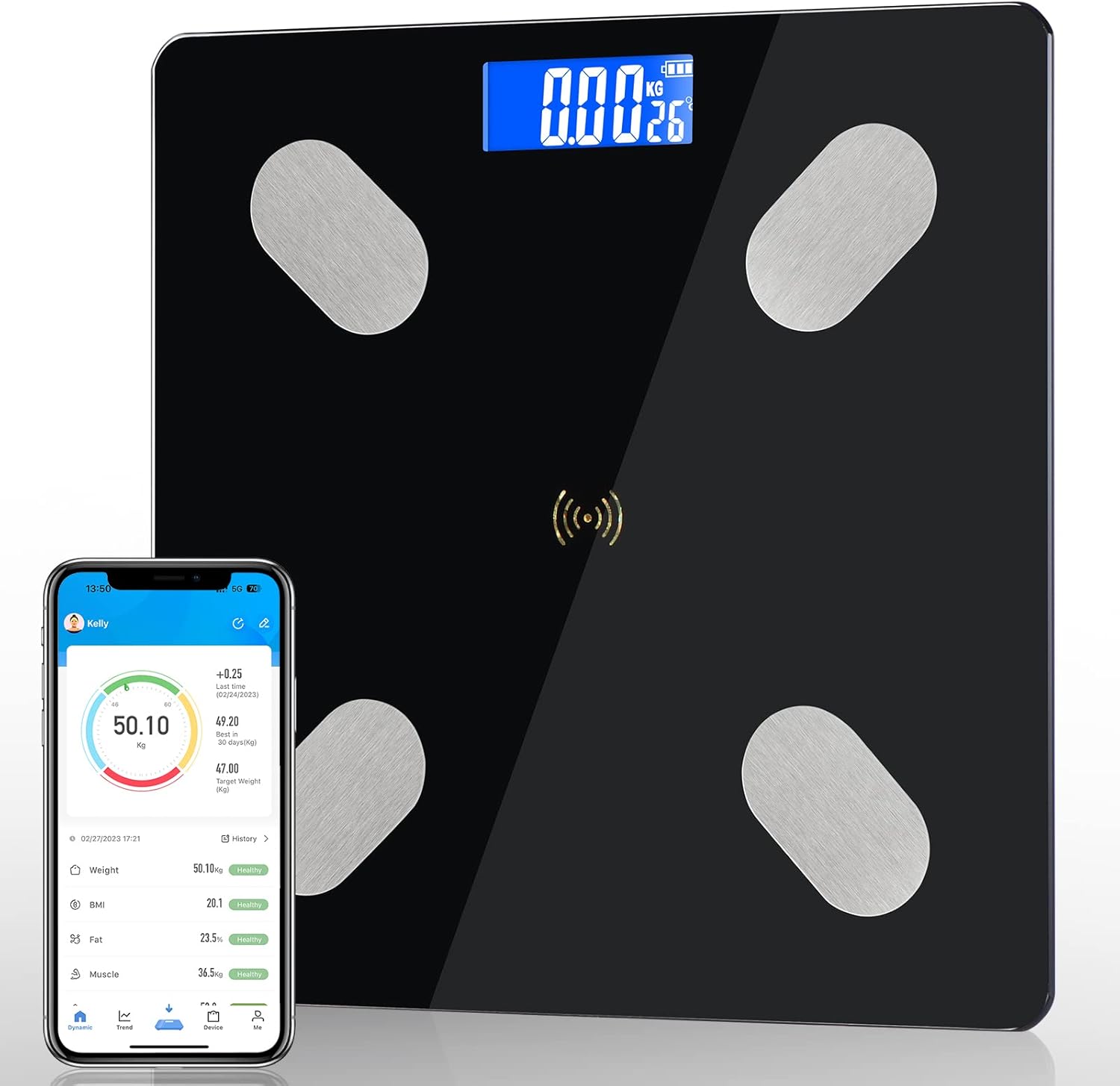 Cantar inteligent digital cu bluetooth, Zola, analiza completa a compozitiei corporale, aplicatie Android/iOS, 180 kg, negru, cu afisaj LED si memorie pentru 8 utilizatori