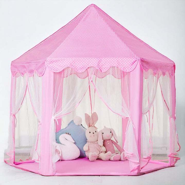 Cort de joaca pentru copii, Zola, stil cort, cu perdele, roz, inaltime totala 140 cm