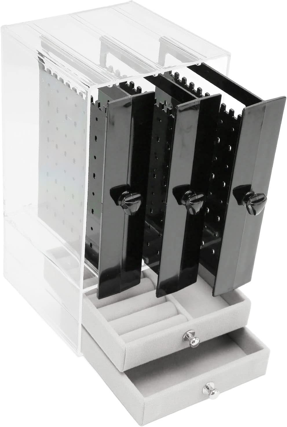 Organizator de bijuterii, Zola®, trei sertare extraabile, plastic, 13x13x24.5 cm, negru/gri
