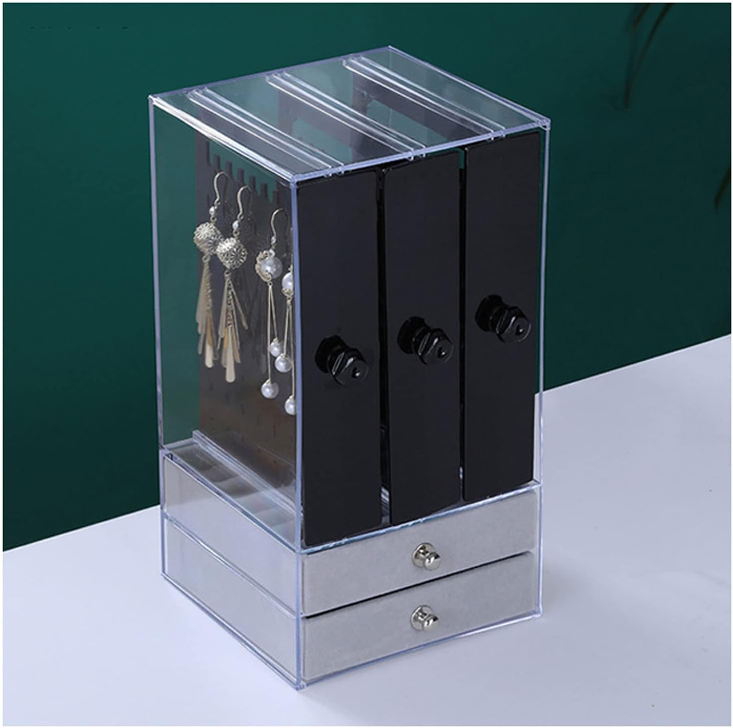 Organizator de bijuterii, Zola®, trei sertare extraabile, plastic, 13x13x24.5 cm, negru/gri