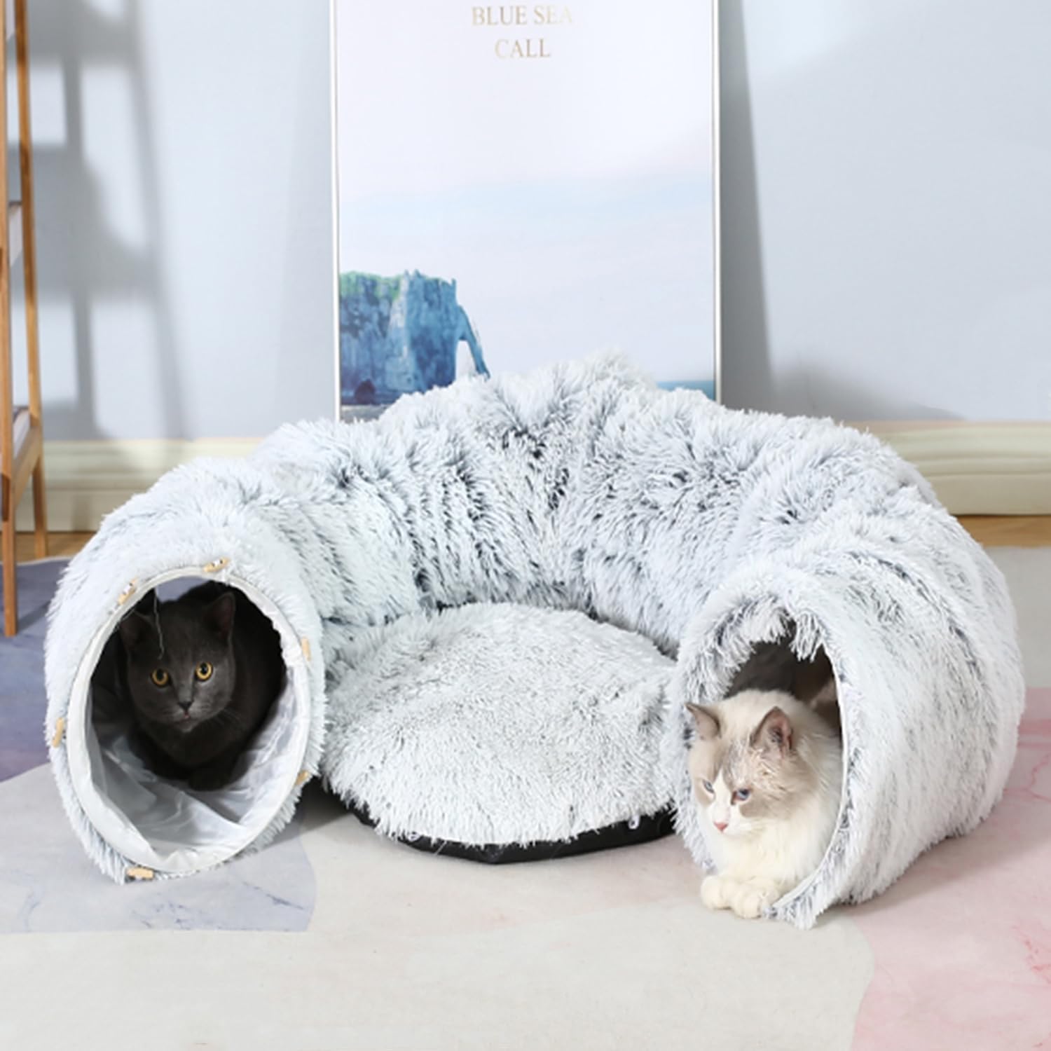Culcus 3 in 1 cu tunel de joaca pentru pisici, Zola, transformabil, pernita detasabila, cu bila agatata, plus moale, 2 x 85 cm, gri