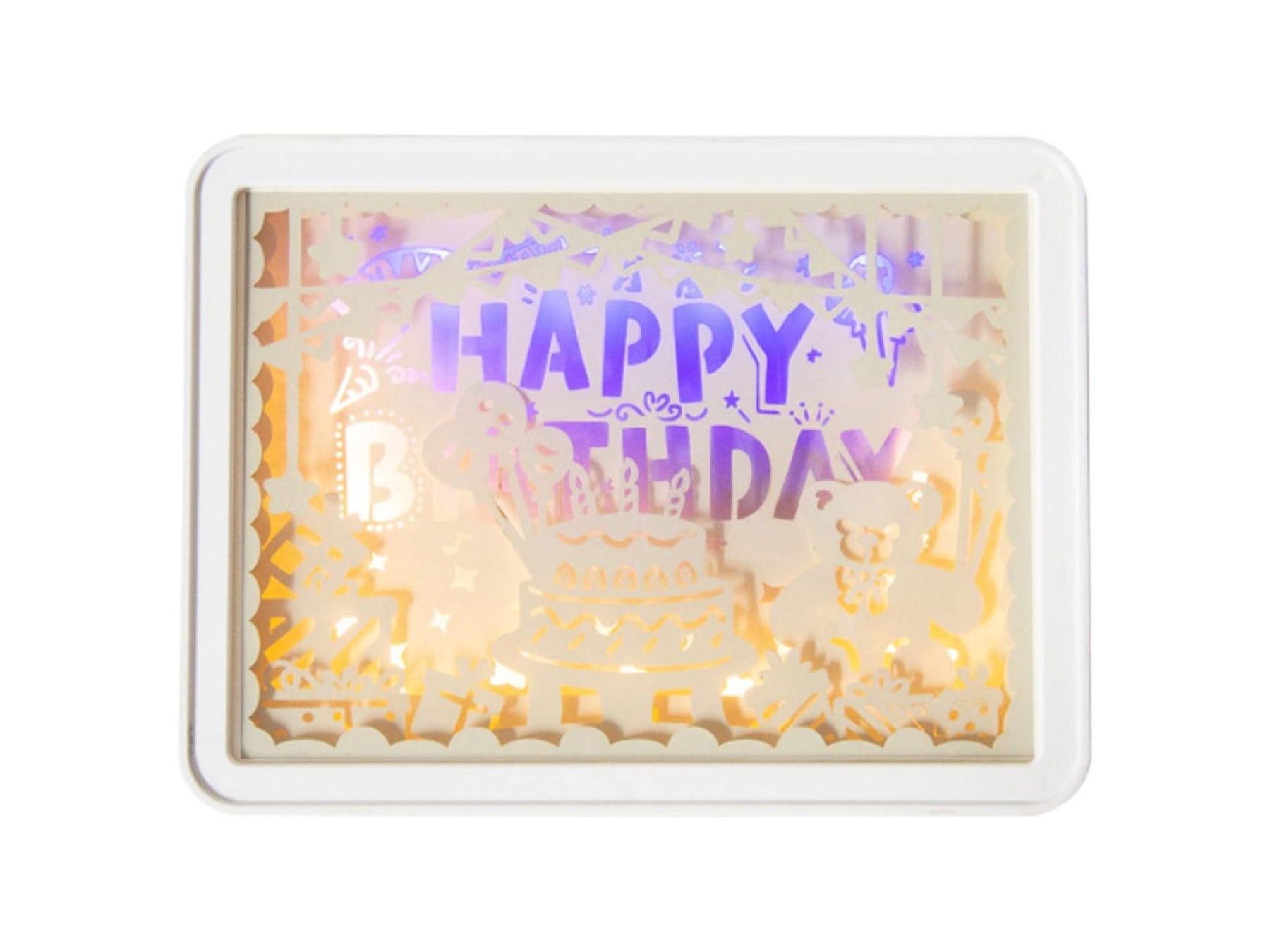 Lampa decorativa de noptiera, Zola®, cu decupaje din hartie 3D, iluminare de fundal, alimentare retea/baterii, dreptunghiulara, 15x20x5 cm, model Happy Birthday