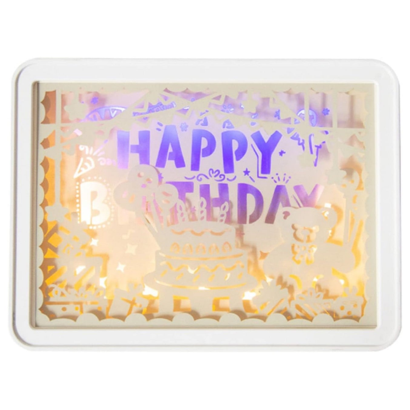 Lampa decorativa de noptiera, Zola®, cu decupaje din hartie 3D, iluminare de fundal, alimentare retea/baterii, dreptunghiulara, 15x20x5 cm, model Happy Birthday