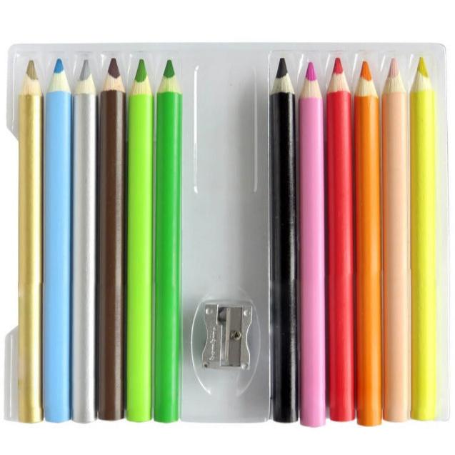 Set creioane colorate cu ascutitoare, Zola, 12 bucati, triunghiulare, textuta groasa, multicolore, 15 cm