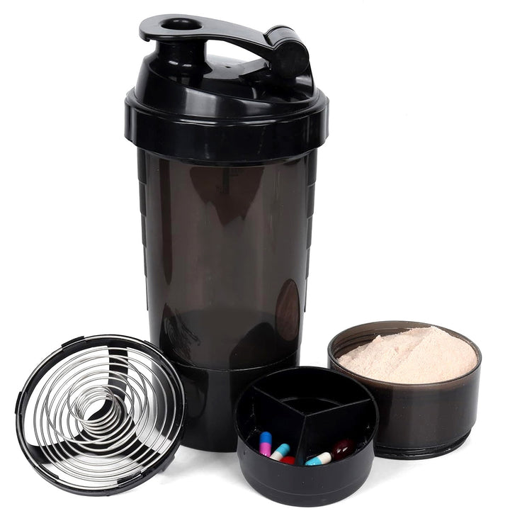 Shaker pentru nutrienti, Zola®, 500 ml, 3 recipiente suplimentare, sita metalica pentru spargerea cocoloaselor, pentru prepararea bauturilor proteice, plastic PP, 24x 9 cm, negru