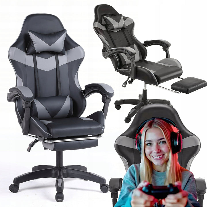 Scaun pivotant pentru gaming, Zola, tip scoica, reglabil, tetiera, perna lombara, suport extensibil picioare, greutate suportata 150 kg, model geometric, negru/gri