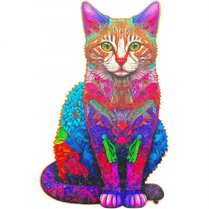 Puzzle din lemn, Zola, pisica colorata, piese in forma de animale, 130 piese, saculet si cutie depozitare, marime 38 x 24 cm