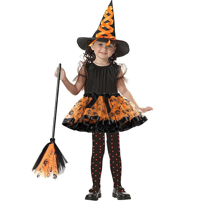 Set costumas halloween copii , Zola®, micuta vrajitoare, 3 piese, fustita, palarie si matura, 3 ani +, negru cu portocaliu