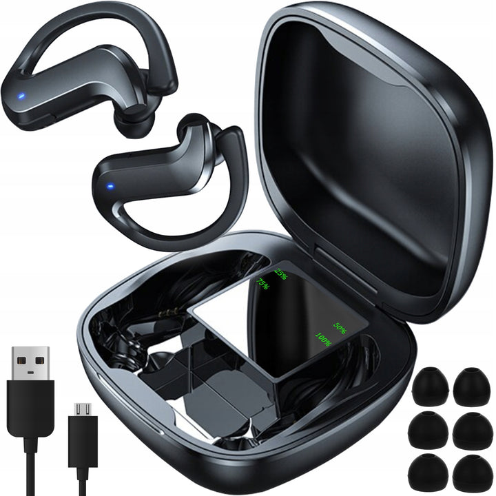 Casti bluetooth 5.0, Zola®, incarcare cu afisaj led, power bank, raza de actiune 10 m, incarcare prin carcasa sau cablu micro-USB,  negre