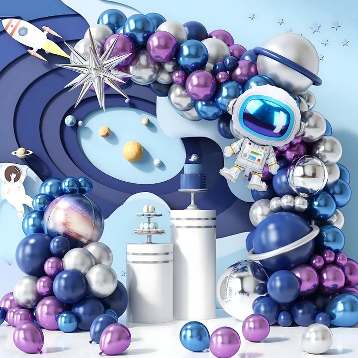 Set 108 baloane pentru arcada model spatiu, Zola, astronaut, 100 buline dublu adezive, 5 m panglica, albastru/argintiu