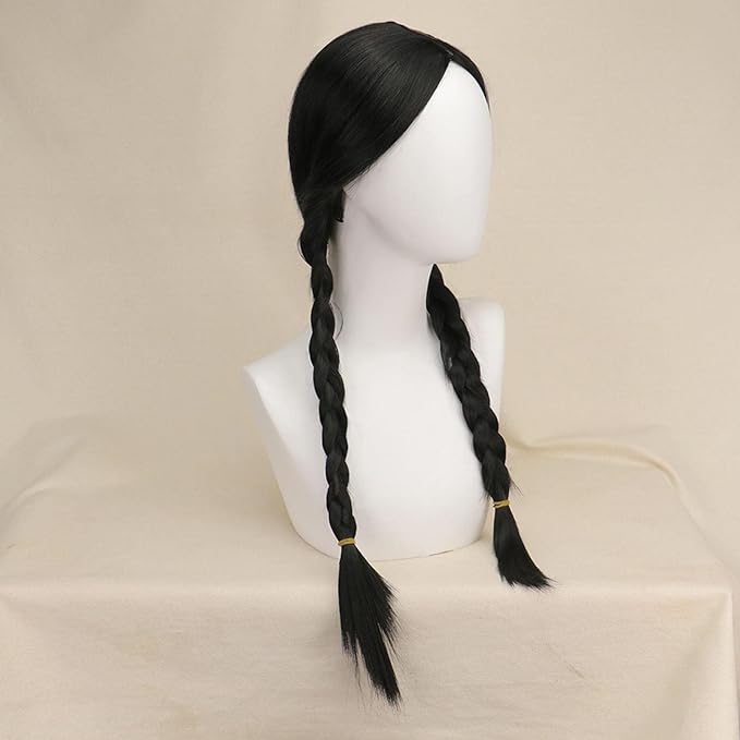 Peruca din par sintetic, Zola®, model Wednesday Addams, doua cozi impletite, 56 cm, neagra