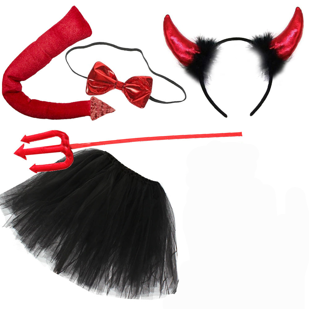 Set dracusor Halloween, Zola®, pentru copii, 5 piese, coarne, coada, papion, fruca si fustita, inaltime 138-152 cm