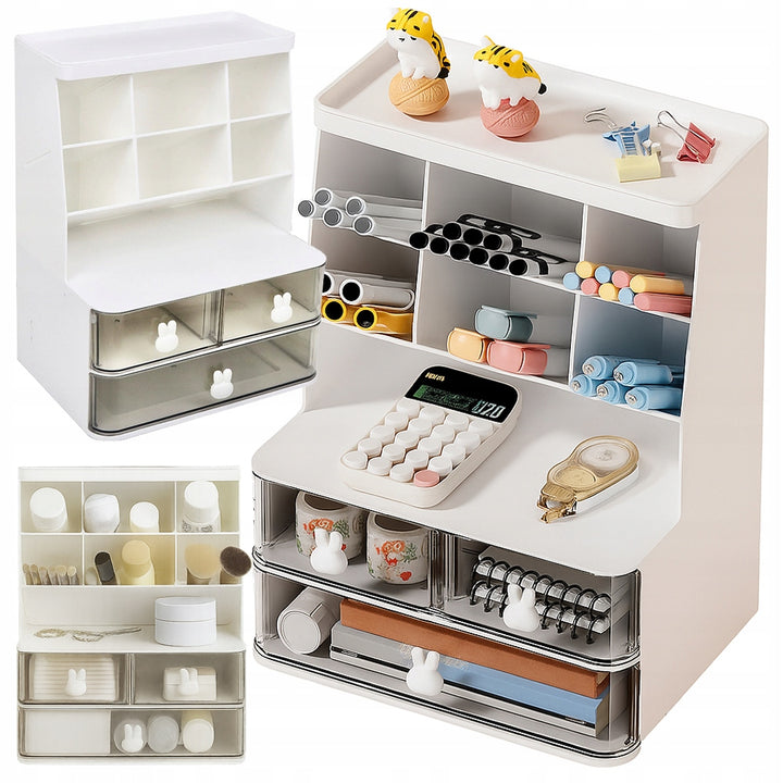 Organizator de birou, Zola, 3 sertare, 7 compartimente, din plastic, 22.5 x 17 x 30 cm, alb