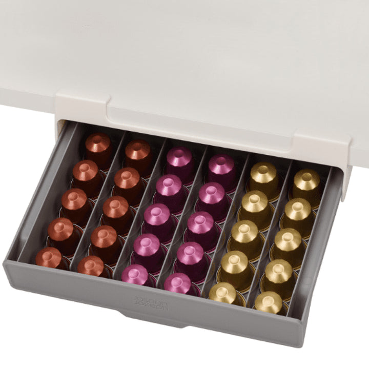 Suport pentru 30 capsule cafea, Zola, tip Nespresso, montare sub raft,  26.5 x 6 x 18.5 cm, gri/alb