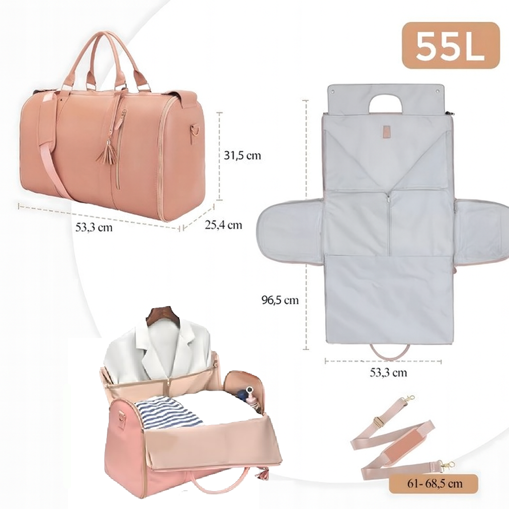 Geanta multifunctionala de voiaj, Zola, sistem agatare umerase, 53.3 x 25.4 x 31.5 cm, compartiment incaltaminte, curea 61-68.5 cm, piele ecologica, roz