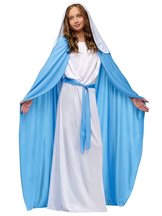 Costum pentru copii, Zola®, Sfanta Maria,  6-12 ani, roba, pelerina, centura din material si voalul, alb cu albastru