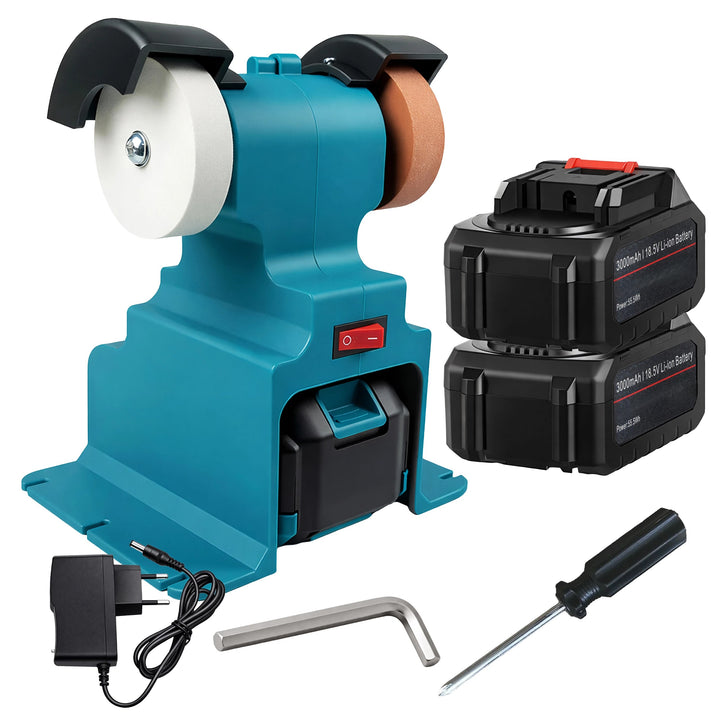 Polizor de banc dublu, Zola, pentru ascutire si slefuire, 6000 rpm, 2 acumulatori, 3000 mAh, discuri 70 mm, turcoaz