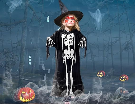 Costum de Halloween pentru copii, Zola, pelerina schelet cu gluga, lungime 90 cm, Universal