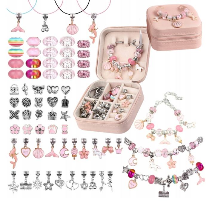 Set de creatie bijuterii, Zola, 3 bratari, 3 lantisoare, 60 charmuri multicolore si argintii, 21/46 cm, cutie de depozitare