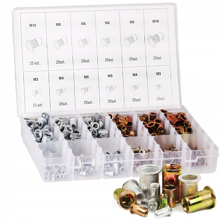 Set 300 de piulite cu nit, Zola, dimensiuni M3/4/5/6/8/10, 150 otel, 150 aluminiu, universale, cutie de depozitare