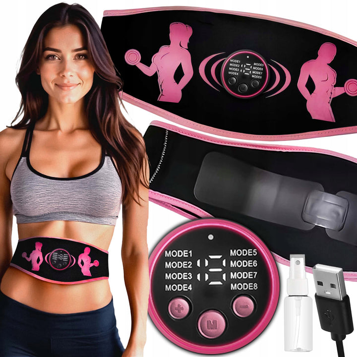 Centura de electrostimulare pentru abdomen, Zola, 8 programe de antrenament, 19 niveluri de intensitate, sprijina arderea grasimii, stimuleaza musculatura, tonifiaza , alimentare USB, material textil, 105 cm, negru/roz